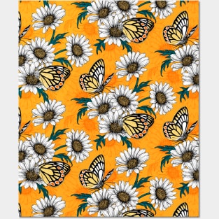 Jezebel butterflies and daisy flowers on orange Posters and Art